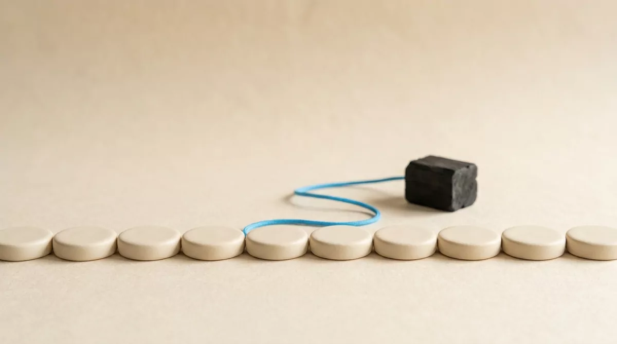 A row of cream discs on warm paper; one blue cord runs from a charcoal block to a single disc.